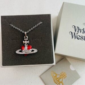 Vivienne Westwood Saturn Red Heart Orb Pendant Silver Necklace
